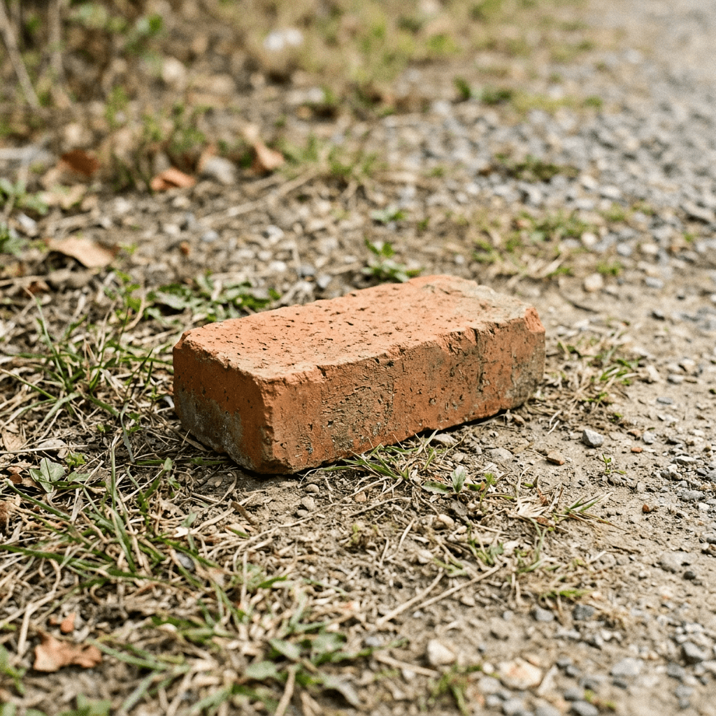 Red brick lying on dirt with sparse grass and gravel